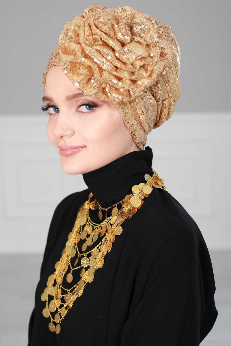 Glamouröser Instant-Turban-Hijab mit Paillettenrose für Frauen, funkelnde modische Hijab-Kappe, elegantes vorgebundenes Kopftuch mit großem, ausgefallenem Rosendetail, B-21P