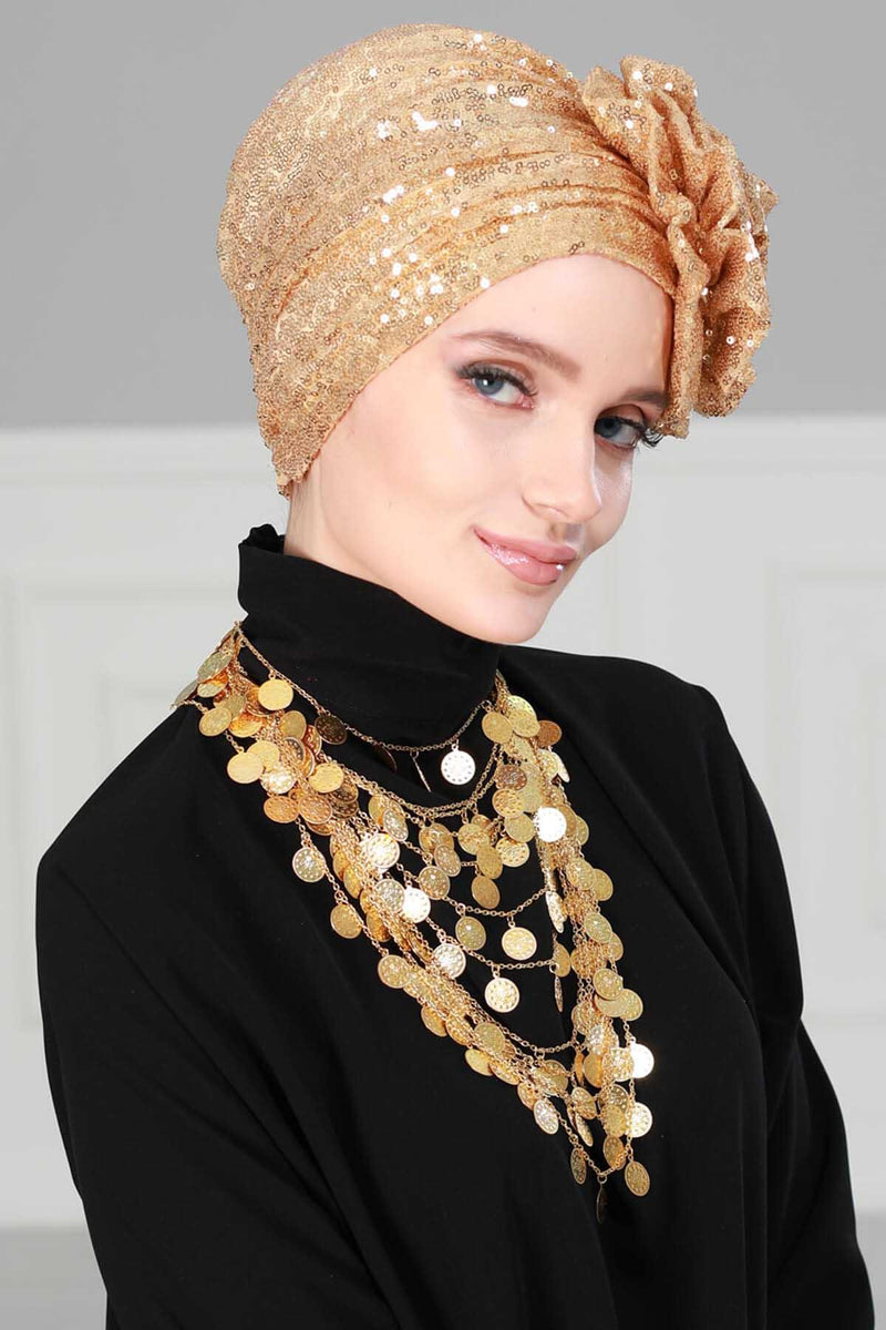Glamouröser Instant-Turban-Hijab mit Paillettenrose für Frauen, funkelnde modische Hijab-Kappe, elegantes vorgebundenes Kopftuch mit großem, ausgefallenem Rosendetail, B-21P