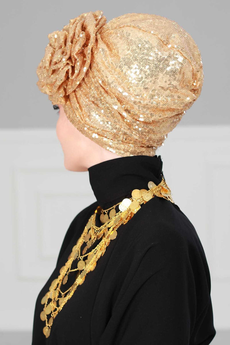 Glamouröser Instant-Turban-Hijab mit Paillettenrose für Frauen, funkelnde modische Hijab-Kappe, elegantes vorgebundenes Kopftuch mit großem, ausgefallenem Rosendetail, B-21P