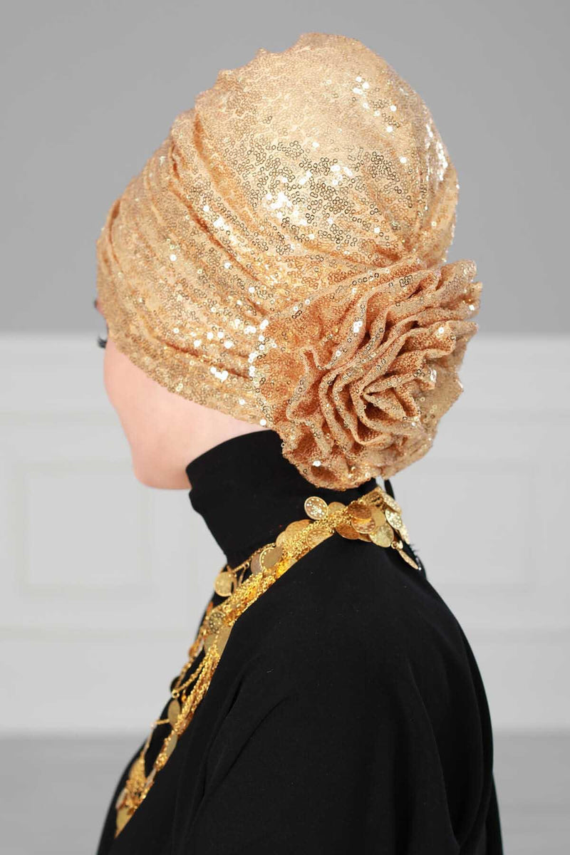 Glamouröser Instant-Turban-Hijab mit Paillettenrose für Frauen, funkelnde modische Hijab-Kappe, elegantes vorgebundenes Kopftuch mit großem, ausgefallenem Rosendetail, B-21P