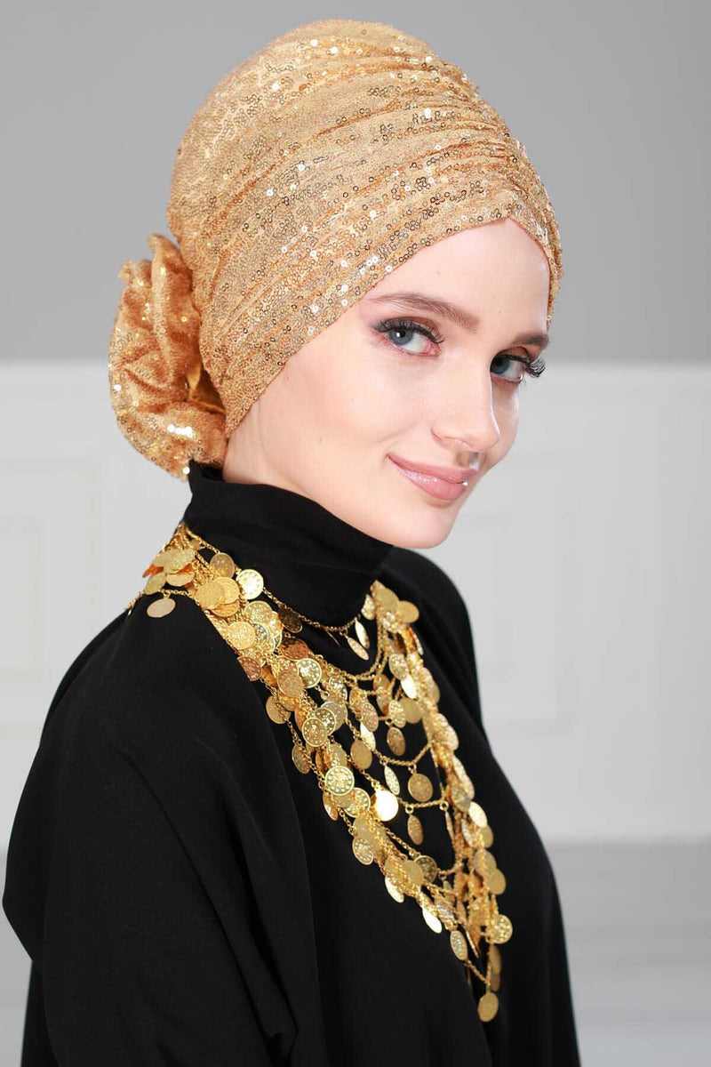 Glamouröser Instant-Turban-Hijab mit Paillettenrose für Frauen, funkelnde modische Hijab-Kappe, elegantes vorgebundenes Kopftuch mit großem, ausgefallenem Rosendetail, B-21P