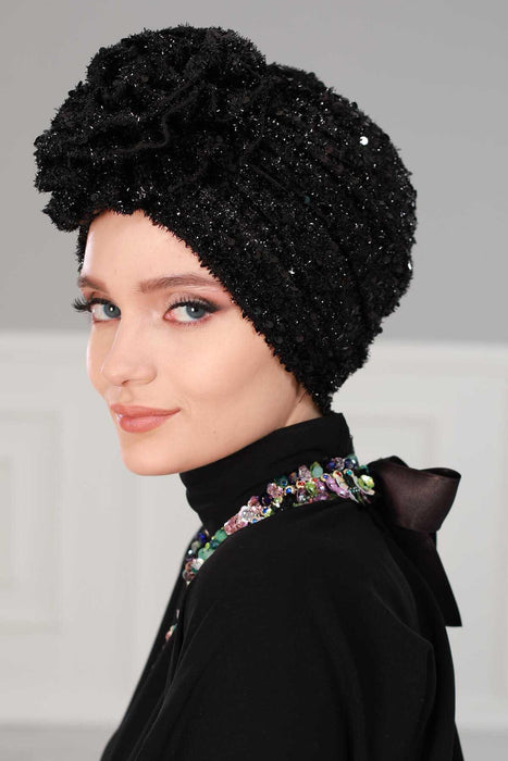 Instant Turban Polyester Scarf Head Wrap Scarfs For Women Hat Rose Detail Glitter Bonnet Cap with Sequins Elegant Stylish Look,B-21SK