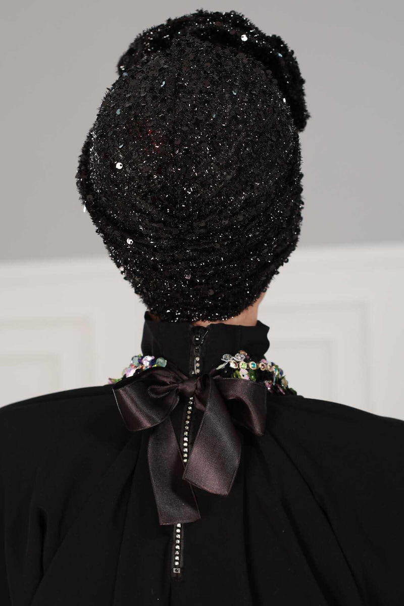 عمامة فورية من الترتر الأسود اللامع، غطاء رأس أنيق مربوط مسبقًا للنساء العصريات، قبعة كيميائية أنيقة مع زخرفة زهور، B-21SK