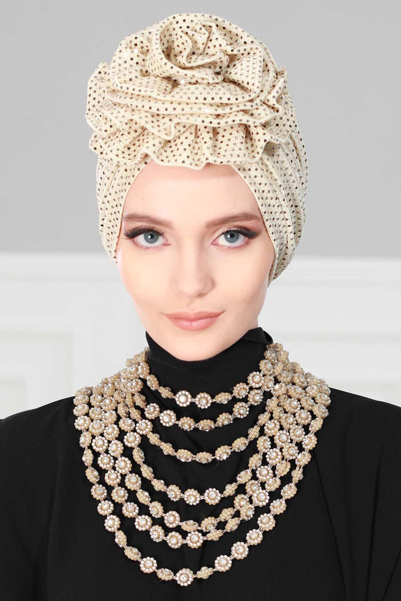 Elegant Gold Sequin Instant Turban with Multifunctional Rose, Stylish Sequined Hijab Cover, Chic Pre-Tied Comfortable Chemo Headwear,B-21PUL Gold