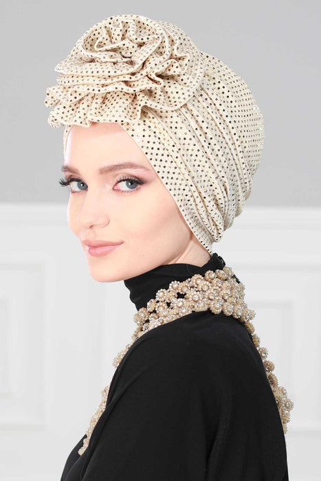Instant Turban Polyester Scarf Head Wrap Scarfs For Women Hat Rose Detail Sequined Bonnet Cap,B-21PUL