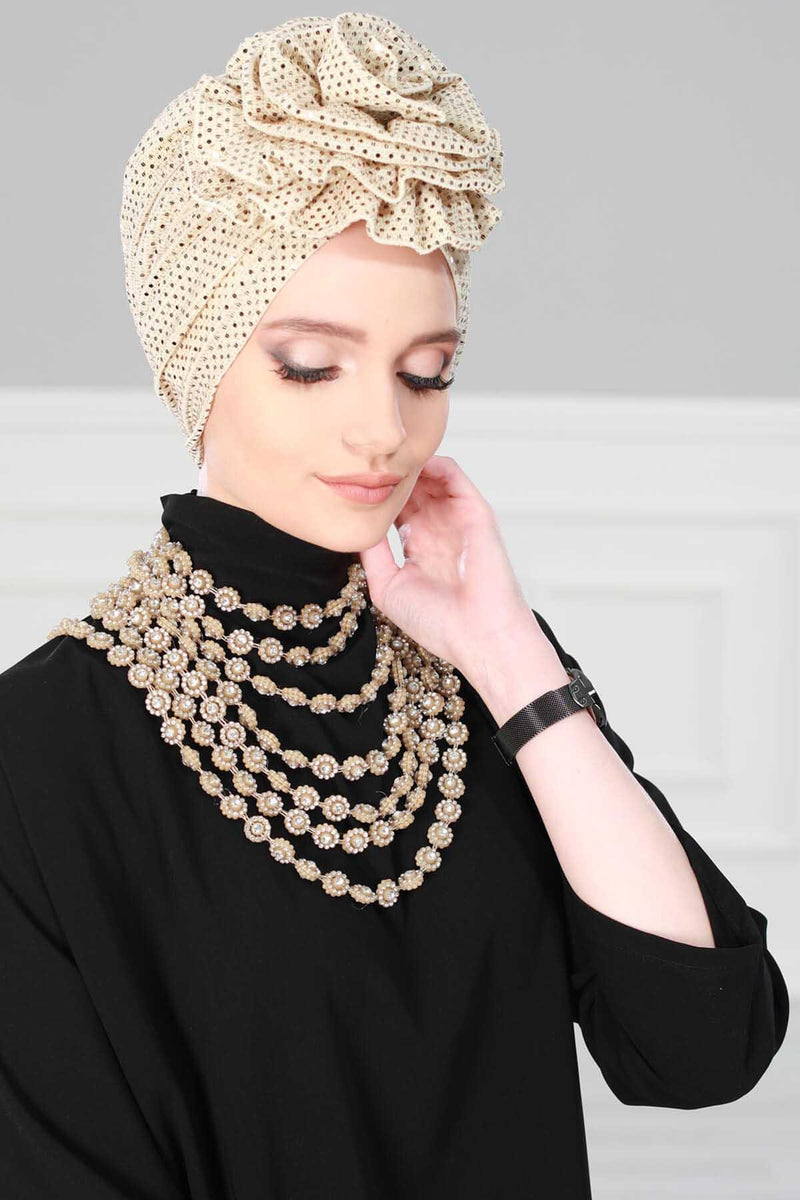Elegant Gold Sequin Instant Turban with Multifunctional Rose, Stylish Sequined Hijab Cover, Chic Pre-Tied Comfortable Chemo Headwear,B-21PUL Gold