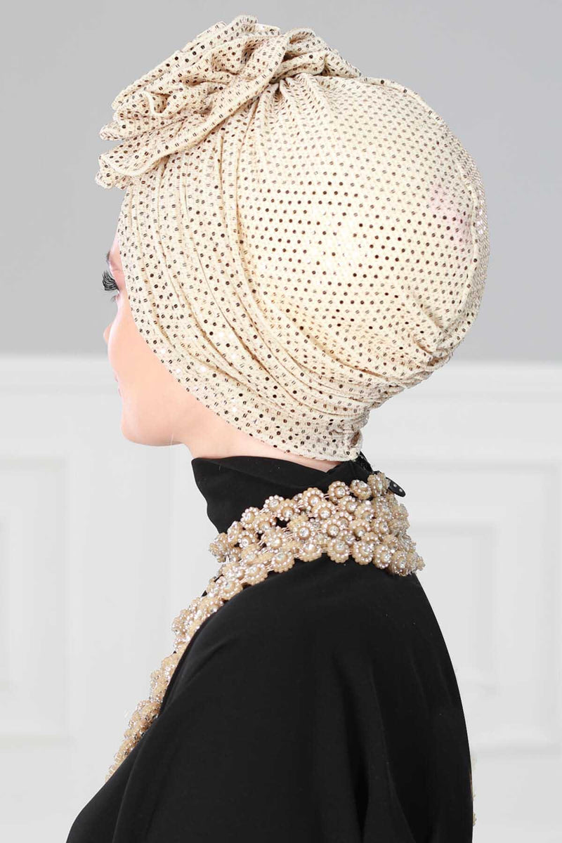 Elegant Gold Sequin Instant Turban with Multifunctional Rose, Stylish Sequined Hijab Cover, Chic Pre-Tied Comfortable Chemo Headwear,B-21PUL Gold