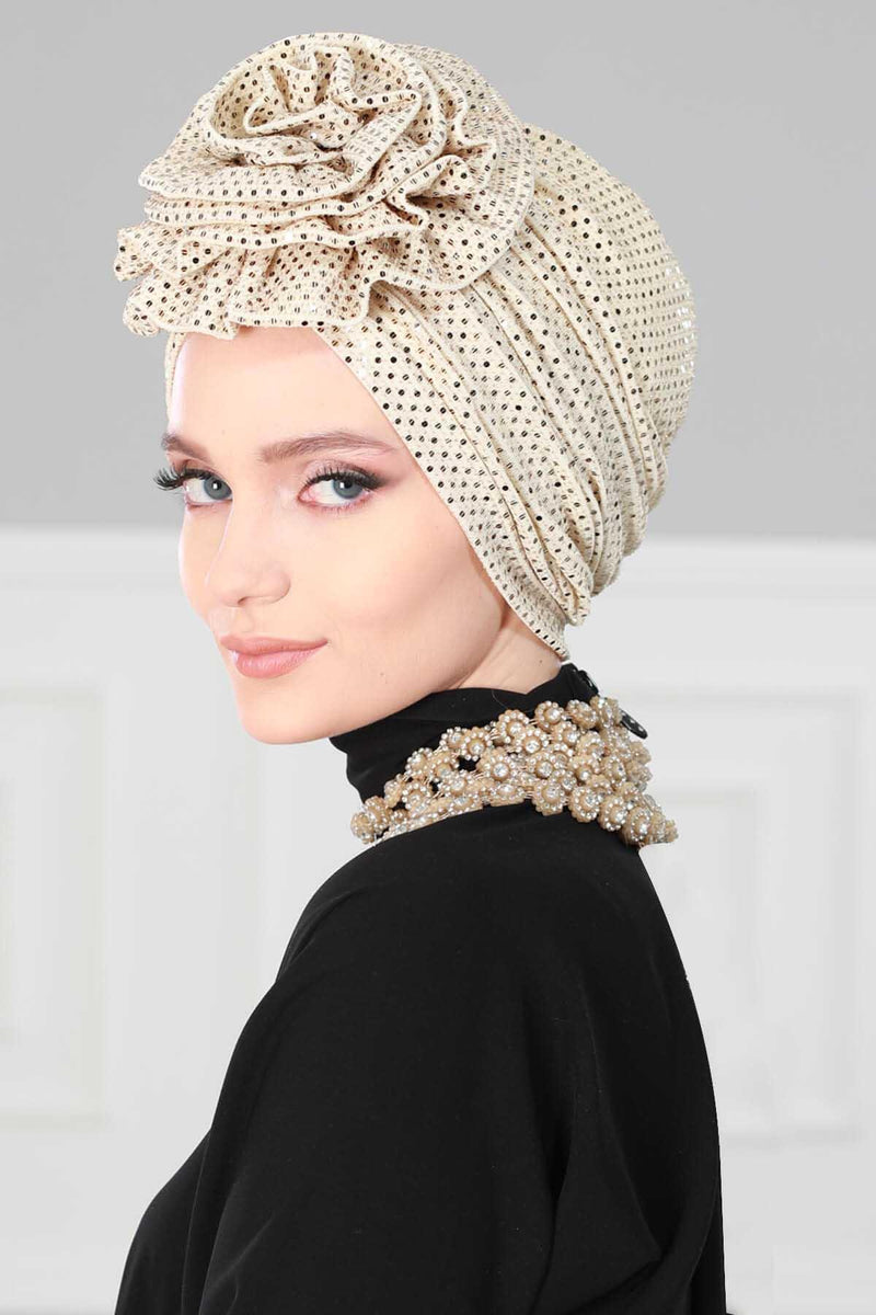 Elegant Gold Sequin Instant Turban with Multifunctional Rose, Stylish Sequined Hijab Cover, Chic Pre-Tied Comfortable Chemo Headwear,B-21PUL Gold