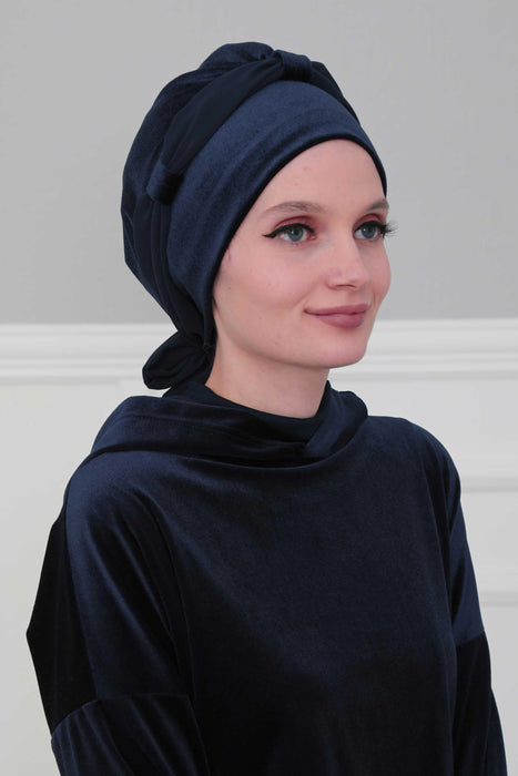 Velvet Instant Turban with a Chiffon Belt, High Quality Scarf Head Wrap Headwear Cap with Chiffon Headband For Women, Trendy Head Wrap,B-24K