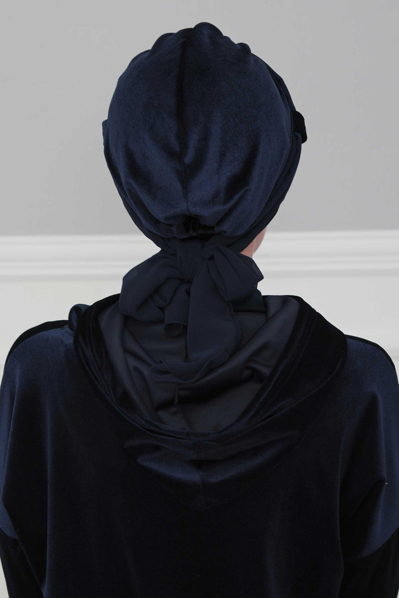 عمامة مخملية فورية مع حزام شيفون، غطاء رأس ملفوف للرأس عالي الجودة مع عصابة رأس شيفون للنساء، غطاء رأس عصري، B-24K