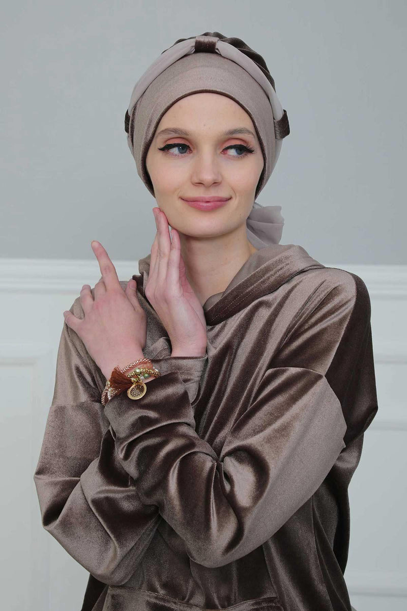 عمامة مخملية فورية مع حزام شيفون، غطاء رأس ملفوف للرأس عالي الجودة مع عصابة رأس شيفون للنساء، غطاء رأس عصري، B-24K