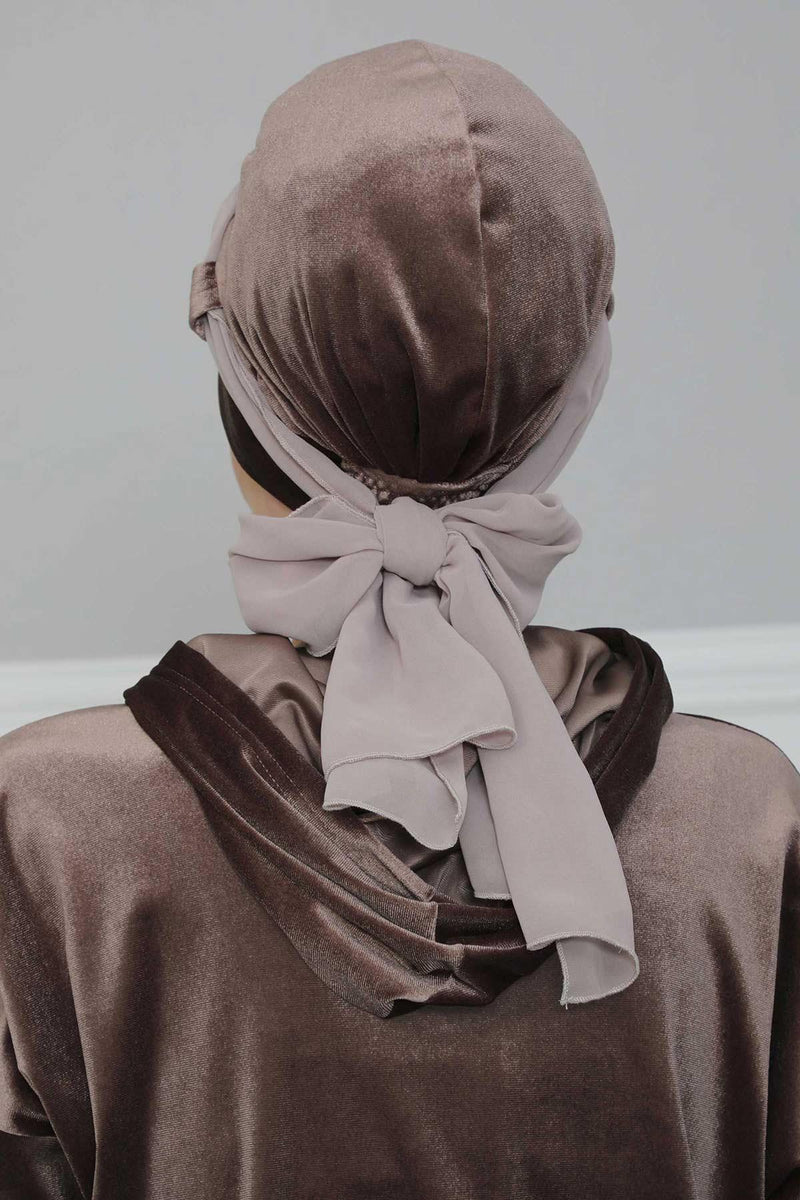 عمامة مخملية فورية مع حزام شيفون، غطاء رأس ملفوف للرأس عالي الجودة مع عصابة رأس شيفون للنساء، غطاء رأس عصري، B-24K