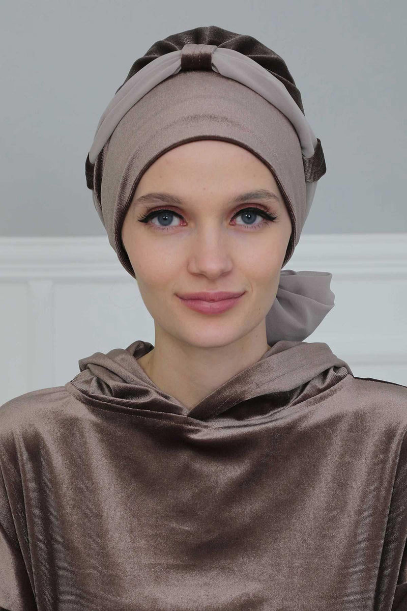 عمامة مخملية فورية مع حزام شيفون، غطاء رأس ملفوف للرأس عالي الجودة مع عصابة رأس شيفون للنساء، غطاء رأس عصري، B-24K