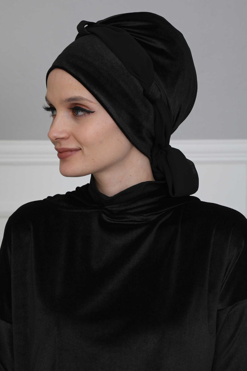 عمامة مخملية فورية مع حزام شيفون، غطاء رأس ملفوف للرأس عالي الجودة مع عصابة رأس شيفون للنساء، غطاء رأس عصري، B-24K