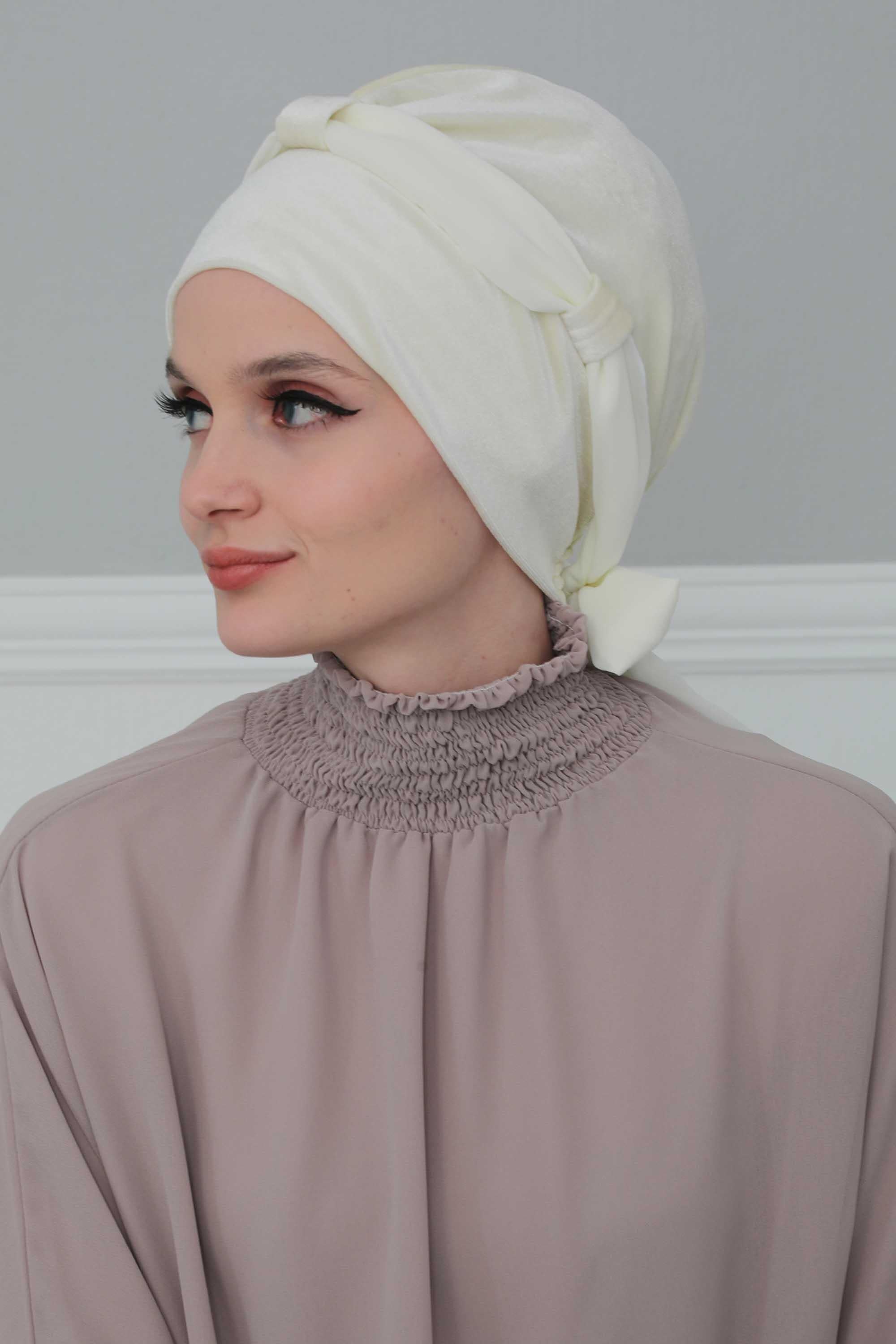 Velvet Instant Turban with a Chiffon Belt, High Quality Scarf Head Wrap Headwear Cap with Chiffon Headband For Women, Trendy Head Wrap,B-24K Ivory