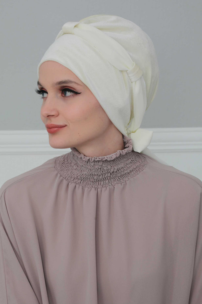 عمامة مخملية فورية مع حزام شيفون، غطاء رأس ملفوف للرأس عالي الجودة مع عصابة رأس شيفون للنساء، غطاء رأس عصري، B-24K