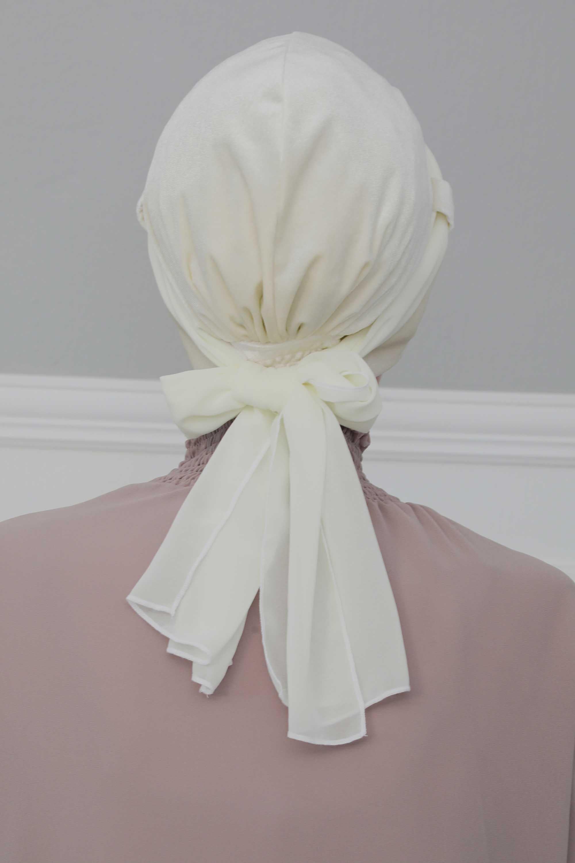 Velvet Instant Turban with a Chiffon Belt, High Quality Scarf Head Wrap Headwear Cap with Chiffon Headband For Women, Trendy Head Wrap,B-24K Ivory