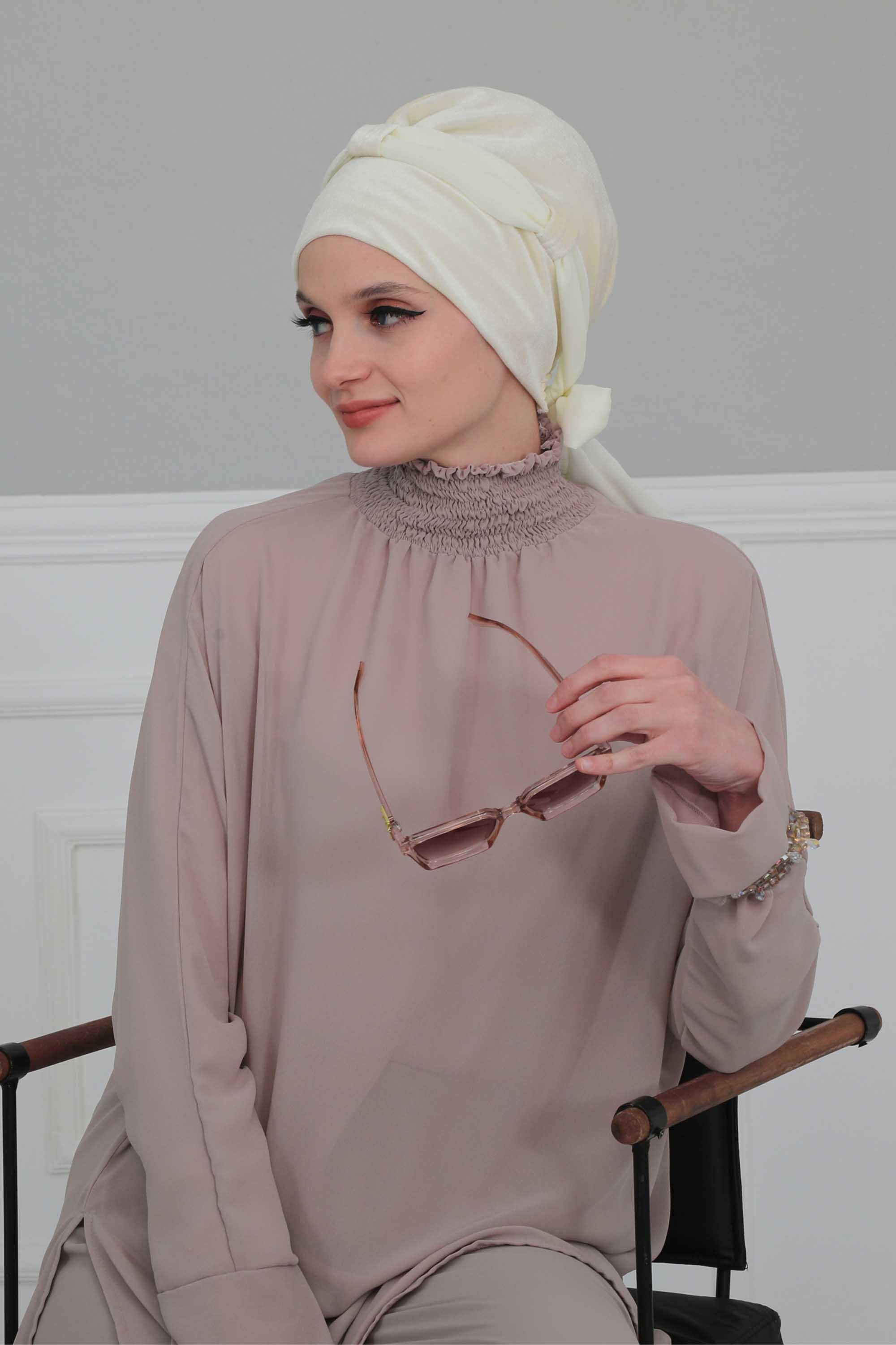 Velvet Instant Turban with a Chiffon Belt, High Quality Scarf Head Wrap Headwear Cap with Chiffon Headband For Women, Trendy Head Wrap,B-24K Ivory