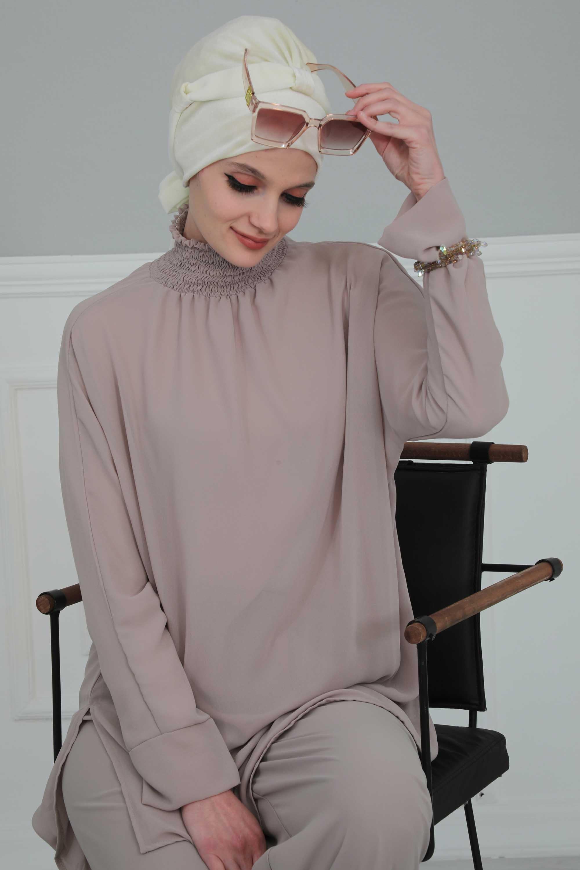 Velvet Instant Turban with a Chiffon Belt, High Quality Scarf Head Wrap Headwear Cap with Chiffon Headband For Women, Trendy Head Wrap,B-24K Ivory