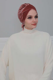 Velvet Instant Turban Cap with Long Tails at the Back Side, Lightweight Turban Head Cover for Women, Velvet Chemo Headwear Bonnet Cap,B-31K Dusty Rose
