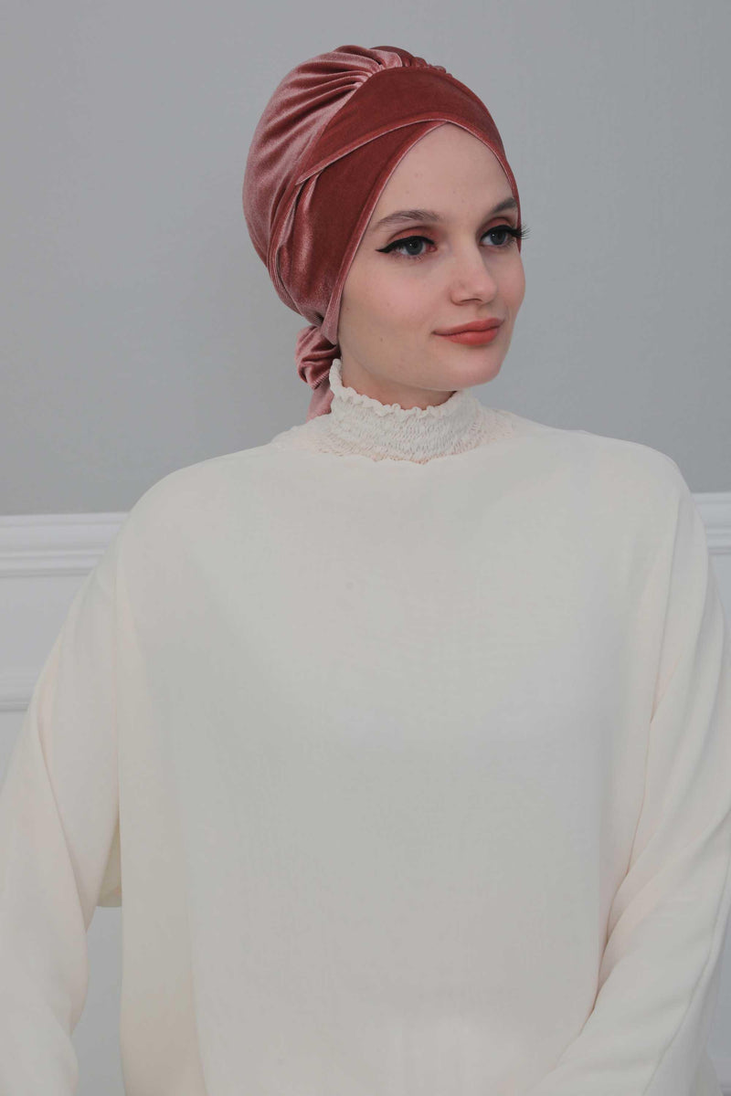 Velvet Instant Turban Cap with Long Tails at the Back Side, Lightweight Turban Head Cover for Women, Velvet Chemo Headwear Bonnet Cap,B-31K Dusty Rose