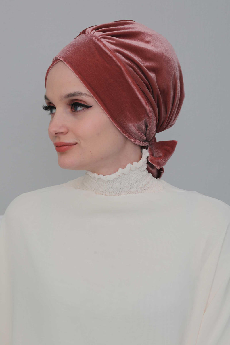 Velvet Instant Turban Cap with Long Tails at the Back Side, Lightweight Turban Head Cover for Women, Velvet Chemo Headwear Bonnet Cap,B-31K Dusty Rose