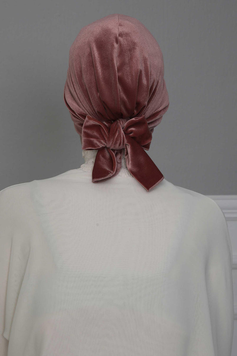 Velvet Instant Turban Cap with Long Tails at the Back Side, Lightweight Turban Head Cover for Women, Velvet Chemo Headwear Bonnet Cap,B-31K Dusty Rose