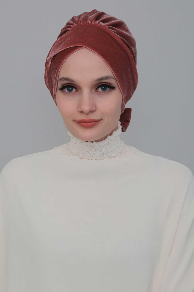Velvet Instant Turban Cap with Long Tails at the Back Side, Lightweight Turban Head Cover for Women, Velvet Chemo Headwear Bonnet Cap,B-31K Dusty Rose