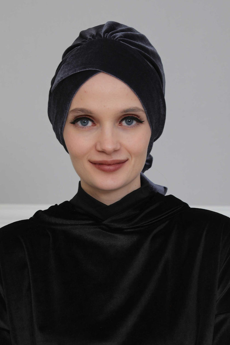 Velvet Instant Turban Cap with Long Tails at the Back Side, Lightweight Turban Head Cover for Women, Velvet Chemo Headwear Bonnet Cap,B-31K Anthracite