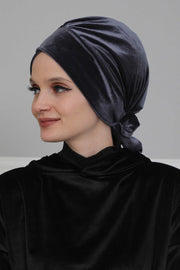 Velvet Instant Turban Cap with Long Tails at the Back Side, Lightweight Turban Head Cover for Women, Velvet Chemo Headwear Bonnet Cap,B-31K Anthracite
