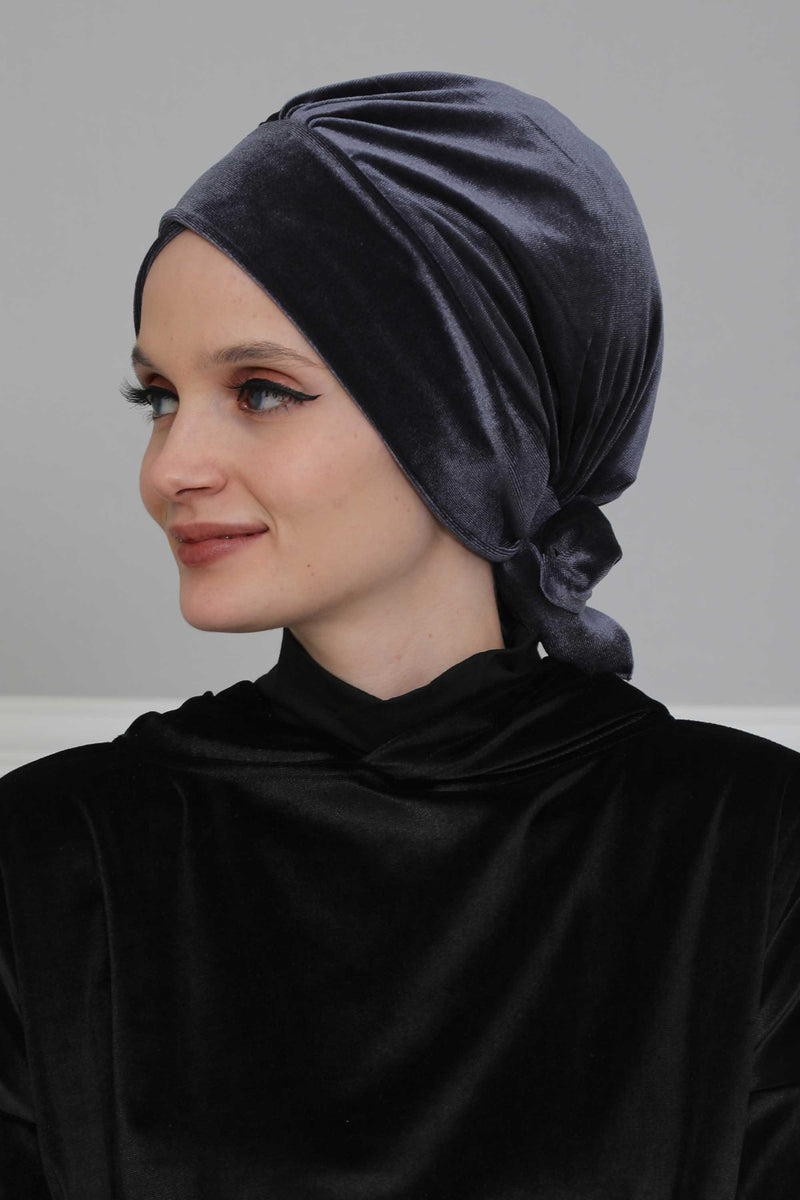 Velvet Instant Turban Cap with Long Tails at the Back Side, Lightweight Turban Head Cover for Women, Velvet Chemo Headwear Bonnet Cap,B-31K Anthracite
