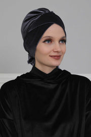 Velvet Instant Turban Cap with Long Tails at the Back Side, Lightweight Turban Head Cover for Women, Velvet Chemo Headwear Bonnet Cap,B-31K Anthracite