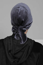 Velvet Instant Turban Cap with Long Tails at the Back Side, Lightweight Turban Head Cover for Women, Velvet Chemo Headwear Bonnet Cap,B-31K Anthracite