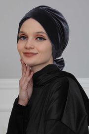 Velvet Instant Turban Cap with Long Tails at the Back Side, Lightweight Turban Head Cover for Women, Velvet Chemo Headwear Bonnet Cap,B-31K Anthracite