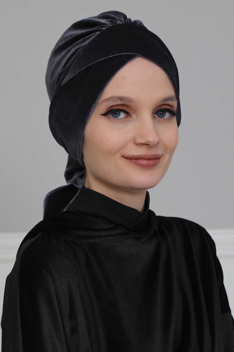 Velvet Instant Turban Cap with Long Tails at the Back Side, Lightweight Turban Head Cover for Women, Velvet Chemo Headwear Bonnet Cap,B-31K Anthracite