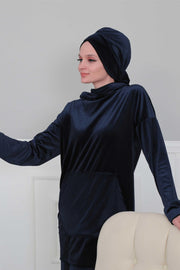 Velvet Instant Turban Cap with Long Tails at the Back Side, Lightweight Turban Head Cover for Women, Velvet Chemo Headwear Bonnet Cap,B-31K Navy Blue