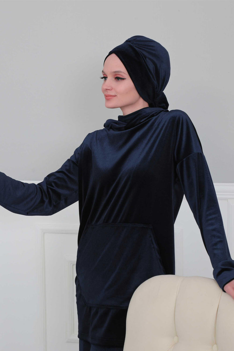 Velvet Instant Turban Cap with Long Tails at the Back Side, Lightweight Turban Head Cover for Women, Velvet Chemo Headwear Bonnet Cap,B-31K Navy Blue