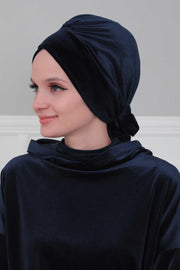 Velvet Instant Turban Cap with Long Tails at the Back Side, Lightweight Turban Head Cover for Women, Velvet Chemo Headwear Bonnet Cap,B-31K Navy Blue