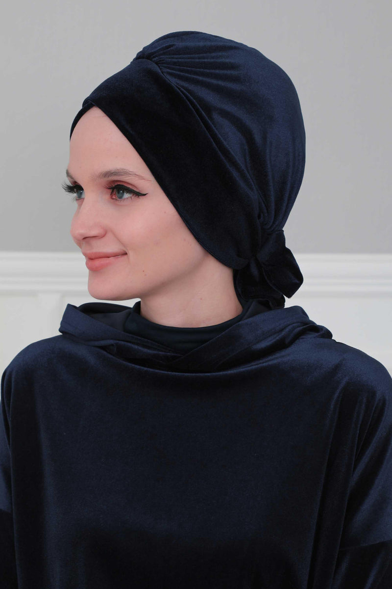 Velvet Instant Turban Cap with Long Tails at the Back Side, Lightweight Turban Head Cover for Women, Velvet Chemo Headwear Bonnet Cap,B-31K Navy Blue