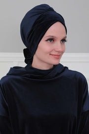Velvet Instant Turban Cap with Long Tails at the Back Side, Lightweight Turban Head Cover for Women, Velvet Chemo Headwear Bonnet Cap,B-31K Navy Blue