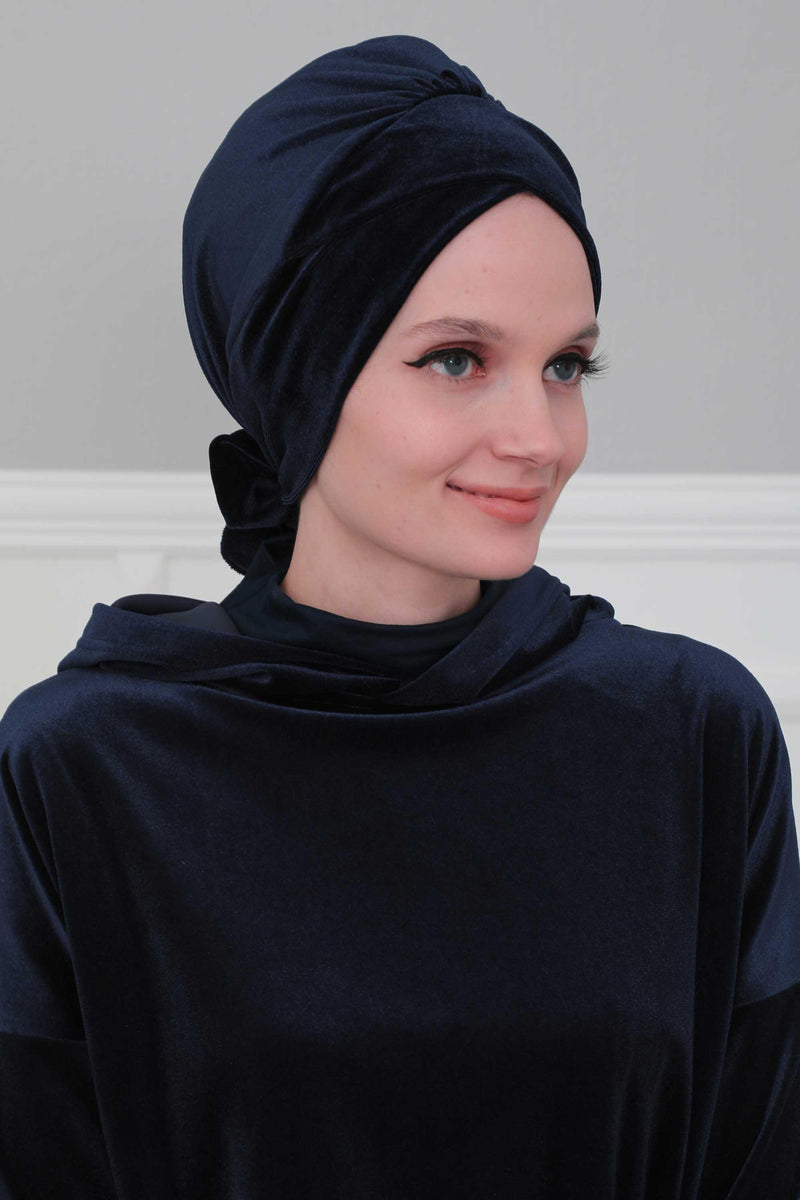 Velvet Instant Turban Cap with Long Tails at the Back Side, Lightweight Turban Head Cover for Women, Velvet Chemo Headwear Bonnet Cap,B-31K Navy Blue