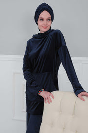 Velvet Instant Turban Cap with Long Tails at the Back Side, Lightweight Turban Head Cover for Women, Velvet Chemo Headwear Bonnet Cap,B-31K Navy Blue