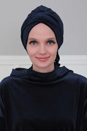 Velvet Instant Turban Cap with Long Tails at the Back Side, Lightweight Turban Head Cover for Women, Velvet Chemo Headwear Bonnet Cap,B-31K Navy Blue