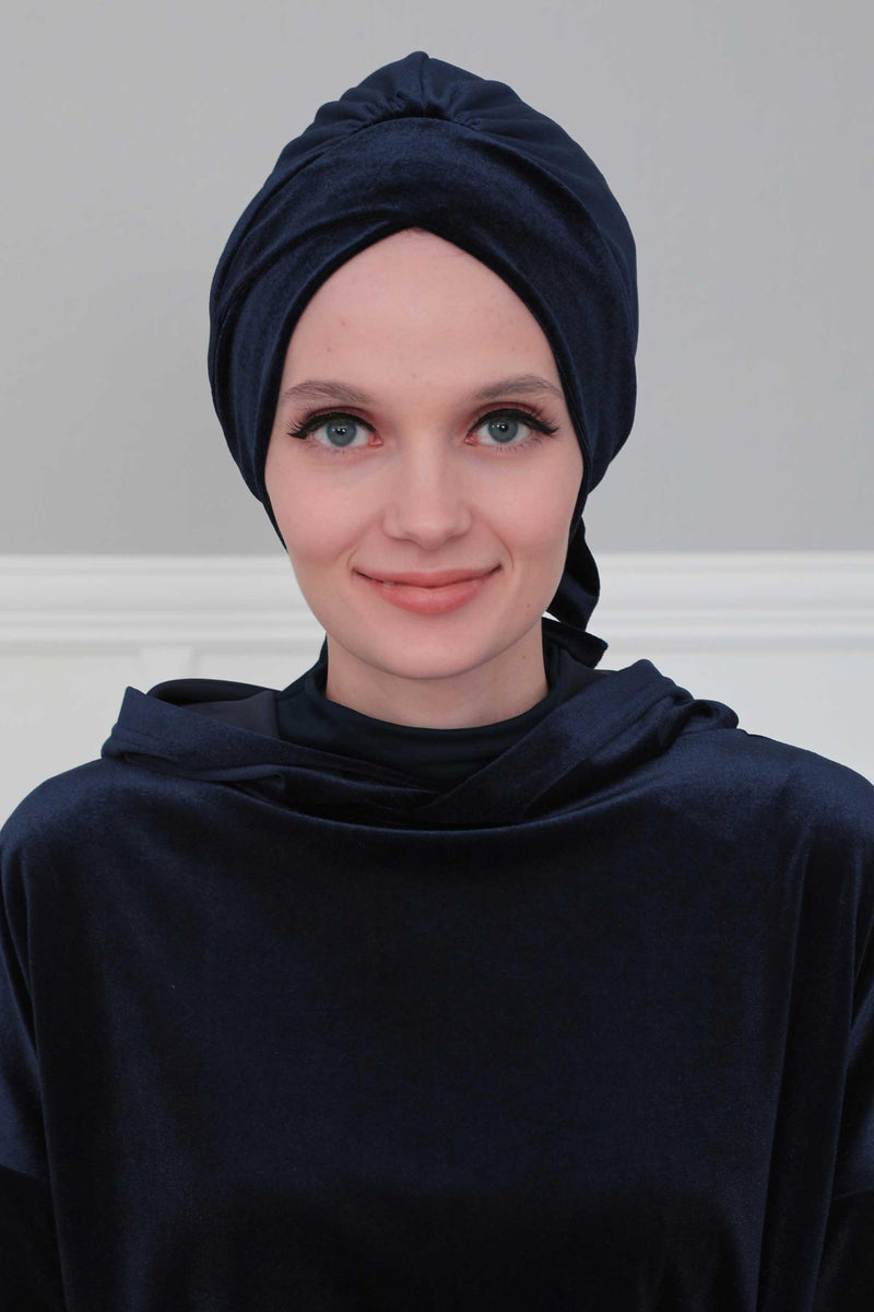 Velvet Instant Turban Cap with Long Tails at the Back Side, Lightweight Turban Head Cover for Women, Velvet Chemo Headwear Bonnet Cap,B-31K Navy Blue