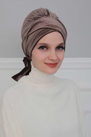 Velvet Instant Turban Cap with Long Tails at the Back Side, Lightweight Turban Head Cover for Women, Velvet Chemo Headwear Bonnet Cap,B-31K Navy Blue