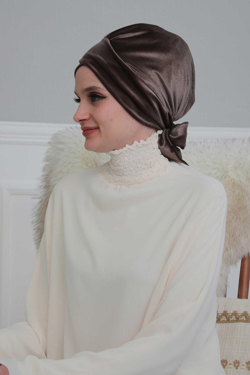 Velvet Instant Turban Cap with Long Tails at the Back Side, Lightweight Turban Head Cover for Women, Velvet Chemo Headwear Bonnet Cap,B-31K Navy Blue