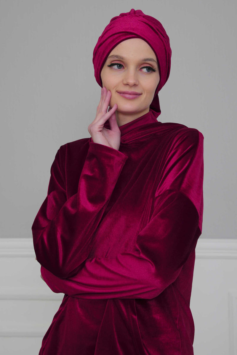 Velvet Instant Turban Cap with Long Tails at the Back Side, Lightweight Turban Head Cover for Women, Velvet Chemo Headwear Bonnet Cap,B-31K Navy Blue