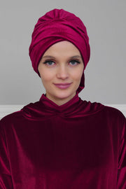 Velvet Instant Turban Cap with Long Tails at the Back Side, Lightweight Turban Head Cover for Women, Velvet Chemo Headwear Bonnet Cap,B-31K Navy Blue