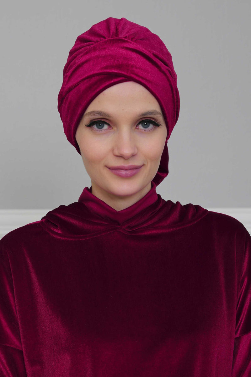 Velvet Instant Turban Cap with Long Tails at the Back Side, Lightweight Turban Head Cover for Women, Velvet Chemo Headwear Bonnet Cap,B-31K Navy Blue