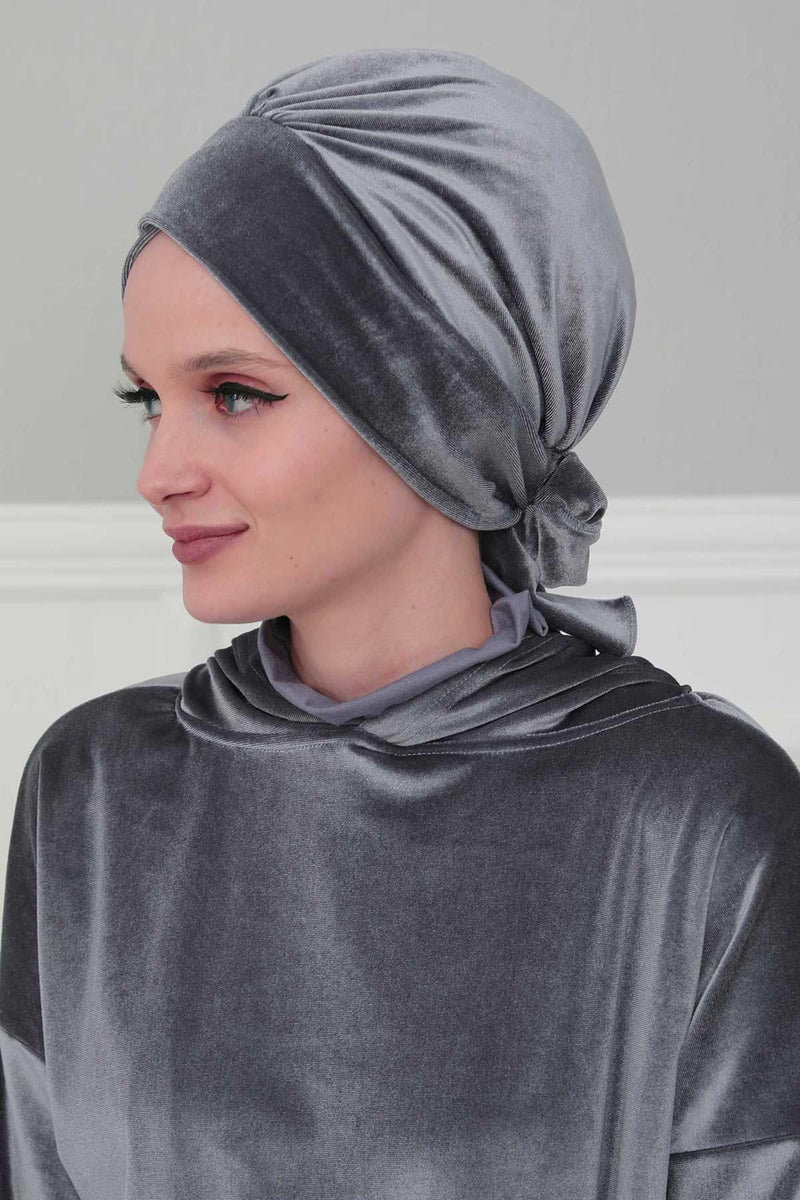 Velvet Instant Turban Cap with Long Tails at the Back Side, Lightweight Turban Head Cover for Women, Velvet Chemo Headwear Bonnet Cap,B-31K Navy Blue